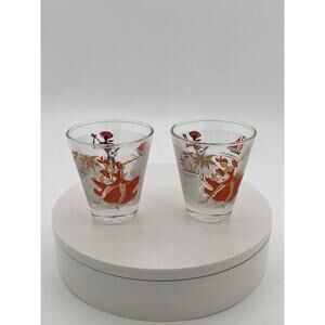 Vintage Hawaiian Hula Girl & Musician Shot Glasses Set – Red & Gold Tiki Barware